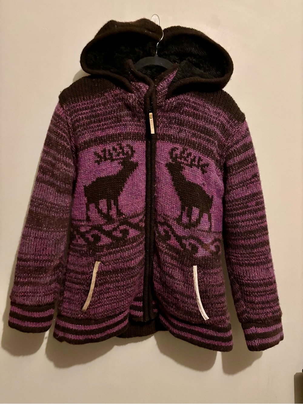 Purple Wool Hooded Zip Jacket with Sherpa Lining